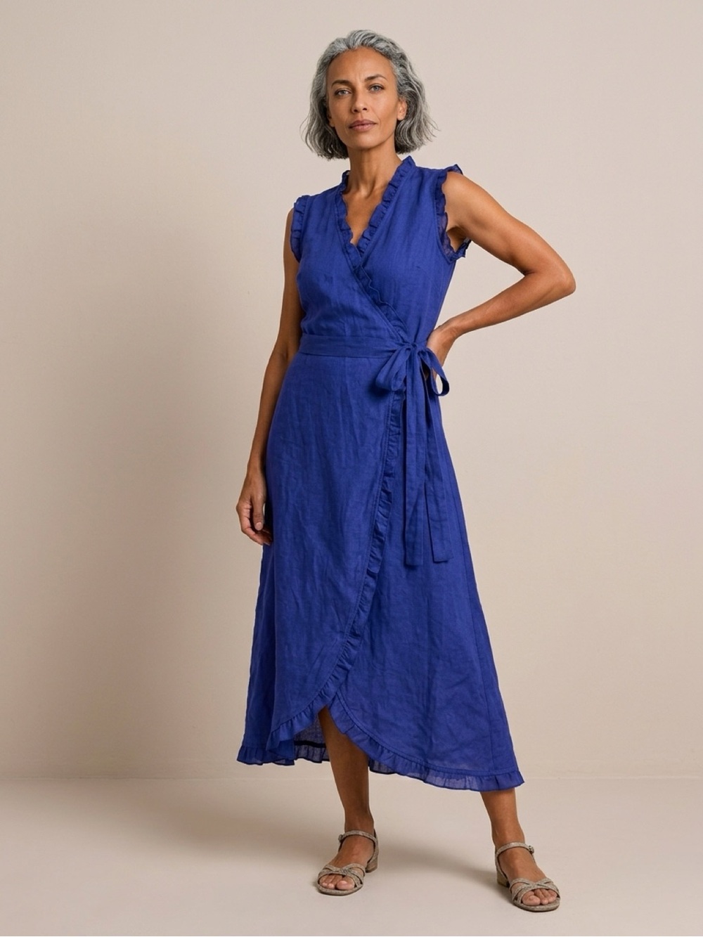 Sleeveless Royal Blue Wrap Midi Dress with Ruffle Trim Camomilla Italia